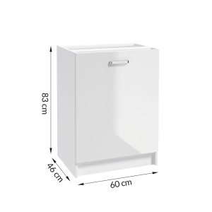 Biała szafka dolna z zestawu mebli kuchennych t.b.t., front z uchwytem, zaznaczone wymiary.