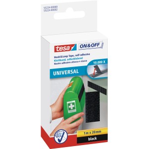 Tesa® On & Off Uniwersalny rzep, 1 m x 20 mm, czarny, na opakowaniu.