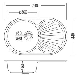 Rysunek techniczny: zlewozmywak t.b.t. ze stali nierdzewnej z wymiarami.