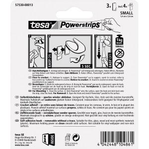 Tesa haczyki samoprzylepne, 3 sztuki, białe, zaokrąglone, z Powerstrips Small. Utrzymują do 1 kg.