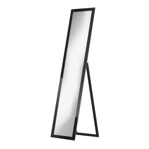 Stojące, wąskie lustro do garderoby z czarną ramą.