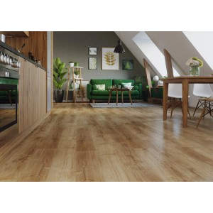 Ułożony jasnobrązowy panel winylowy t.b.t. w salonie z kuchnią i jadalnią.