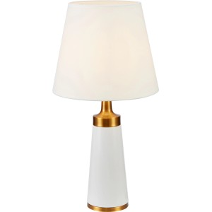 Elegancka lampa stołowa z białym abażurem i złotymi akcentami. Dekoracyjna lampa do salonu.