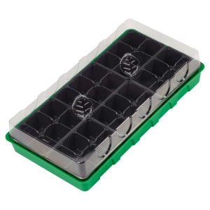 Taca do rozsady z przezroczystą pokrywą i zieloną podstawą do prac ogrodniczych.