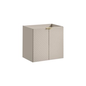 t.b.t. Beżowa szafka pod umywalkę z dwojgiem drzwi i złotymi uchwytami.