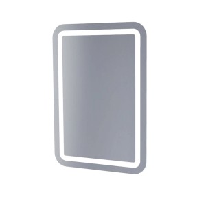 Prostokątne lustro z zaokrąglonymi rogami i oświetleniem LED.