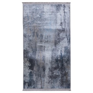 Nowoczesny dywan z krótkim włosiem z abstrakcyjnym wzorem w odcieniach szarości i niebieskiego.