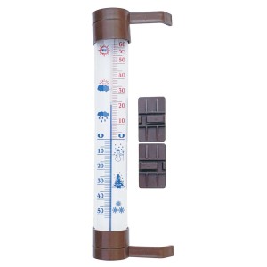 Termometr t.b.t. z brązowymi uchwytami do pomiaru temperatury.