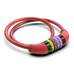 Czerwona linka rowerowa t.b.t. z zamkiem szyfrowym dla bezpieczeństwa.