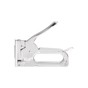Srebrny zszywacz ręczny do użytku domowego i profesjonalnego.