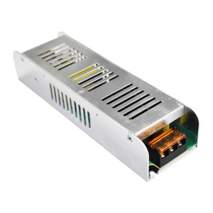 Srebrny transformator LED do taśm LED z otworami wentylacyjnymi.