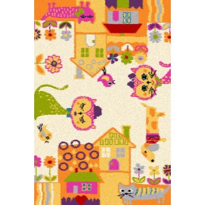 Dywan z krótkim włosiem t.b.t. z kolorowymi motywami zwierząt i domów do pokoju dziecięcego.