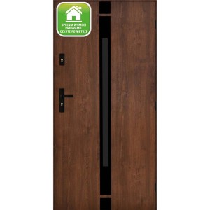 Brązowe drzwi zewnętrzne z czarnym akcentem i klamką.