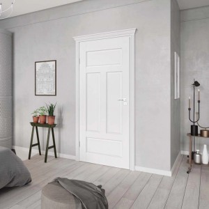 Białe drzwi wewnętrzne (t.b.t.) z trzema panelami w nowoczesnym salonie.