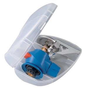 Kompaktowa kuchenka kempingowa t.b.t. w przezroczystym pojemniku.