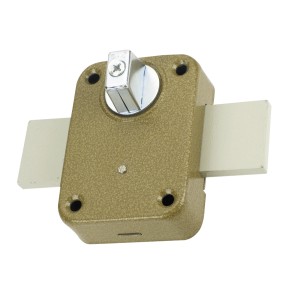 Zamek do drzwi t.b.t. w kolorze złotym z zasuwką i gałką.