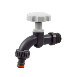 Szary kran wodny z białym uchwytem do ogrodu.