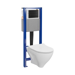 Zestaw WC wiszącego ze stelażem podtynkowym i przyciskiem.