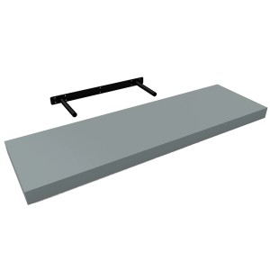 Szara półka ścienna z czarnymi wspornikami dla łatwego montażu.