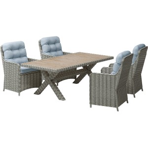 Szary zestaw mebli ogrodowych ze stołem i czterema krzesłami z niebieskimi poduszkami.