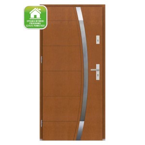 Nowoczesne drzwi zewnętrzne w kolorze drewna ze srebrnymi elementami i okuciami.