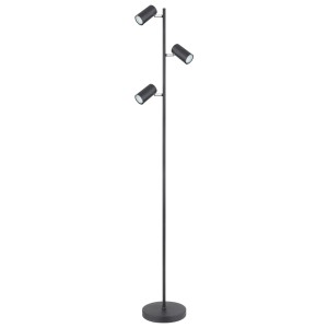 Czarna lampa podłogowa t.b.t. z trzema regulowanymi reflektorami do oświetlenia salonu.
