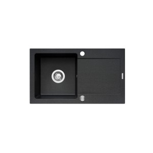 Czarny zlewozmywak granitowy t.b.t. z ociekaczem i komorą.