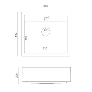 Rysunek techniczny zlewozmywaka granitowego t.b.t. z wymiarami.
