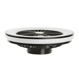 t.b.t. LED Plafony o okrągłym kształcie i czarną kratką wentylatora.