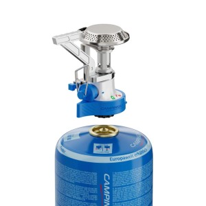 Kuchenka gazowa Campingaz Twister Connect PZ, 2,9 kW, srebrno-niebieska, ze wspornikami, pokrętłem, gotowa do podłączenia.