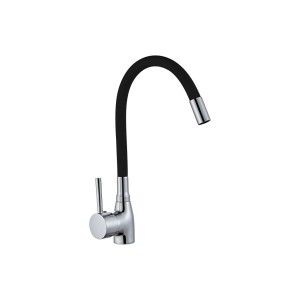 Bateria jednouchwytowa: Chromowana bateria z czarną, elastyczną wylewką do zlewu lub umywalki.