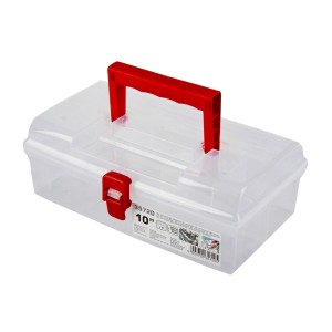 Przezroczysty organizer/kuweta na narzędzia t.b.t. z czerwonym uchwytem i zamknięciem.