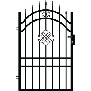 Czarna metalowa furtka ogrodzeniowa z elementami dekoracyjnymi.