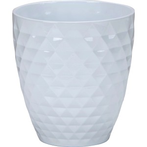 Biała osłonka na storczyki Scheurich 632 (Ø 12 cm) z geometrycznym wzorem.