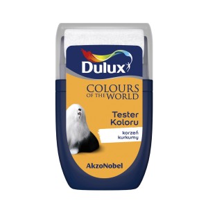 Tester koloru Dulux „Korzeń kurkumy”: Żółty odcień do ścian wewnętrznych.