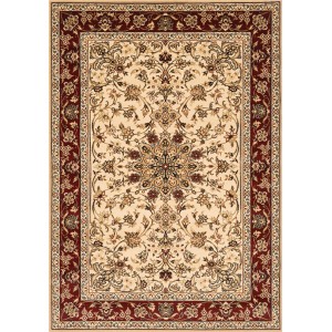 Beżowy dywan we wzory kwiatowe z czerwonym obramowaniem. Dywan z krótkim włosiem.