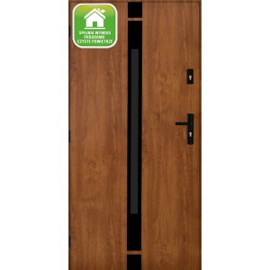 Brązowe drzwi zewnętrzne z czarnymi akcentami i klamką. Drzwi wejściowe OBI.