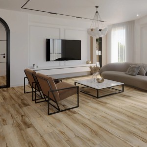 Ułożony salon z jasnymi płytkami podłogowymi t.b.t. imitującymi drewno.