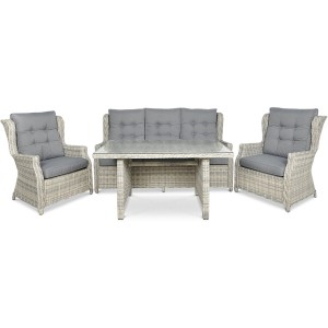 Szary zestaw mebli ogrodowych ze stołem, sofą i dwoma fotelami.