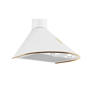 Biały okap ścienny t.b.t. z złotymi akcentami.