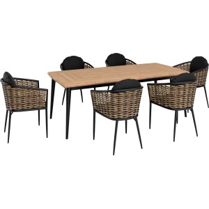 Zestaw mebli ogrodowych: stół i 6 wiklinowych krzeseł z czarnymi poduszkami.