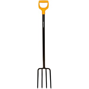 Widelka do kopania Fiskars Solid z żółtym uchwytem D i czterema zębami do prac ogrodowych.