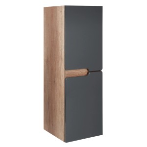 Wisząca szafka łazienkowa w kolorze drewna z szarymi drzwiami.