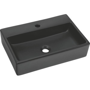 Czarna umywalka nablatowa t.b.t., prostokątna, z otworem na baterię i przelewem.