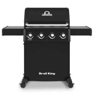 Czarny grill gazowy Broil King z czterema palnikami i półkami bocznymi.