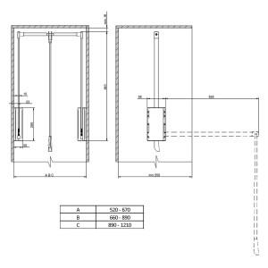 Rysunek techniczny systemu podnośnika szafy t.b.t. z wymiarami do organizacji szafy.