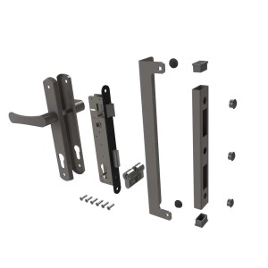 Zestaw akcesoriów do ogrodzeń t.b.t.: Klamka, zamek, śruby i inne drobne elementy.