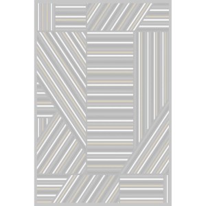 Nowoczesny dywan z krótkim włosiem z abstrakcyjnym wzorem w paski w odcieniach szarości, bieli i beżu.
