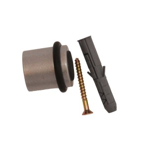 Szary odbojnik do drzwi ze śrubą i kołkiem do montażu.