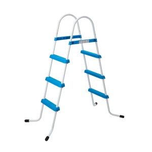 Drabinka basenowa z niebieskimi stopniami i białą ramą dla bezpiecznego wejścia i wyjścia.